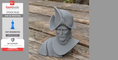 3D-printed bust of a historical warrior with a distinctive hat and detailed clothing, set on a wooden surface.