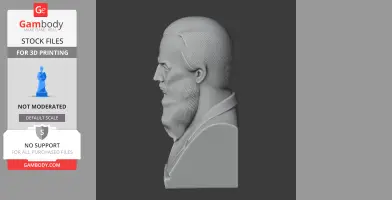 3D printed bust of a bearded man with combed hair, viewed from the side.