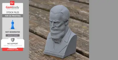 3D-printed bust of a bearded man in a suit on a wooden surface.
