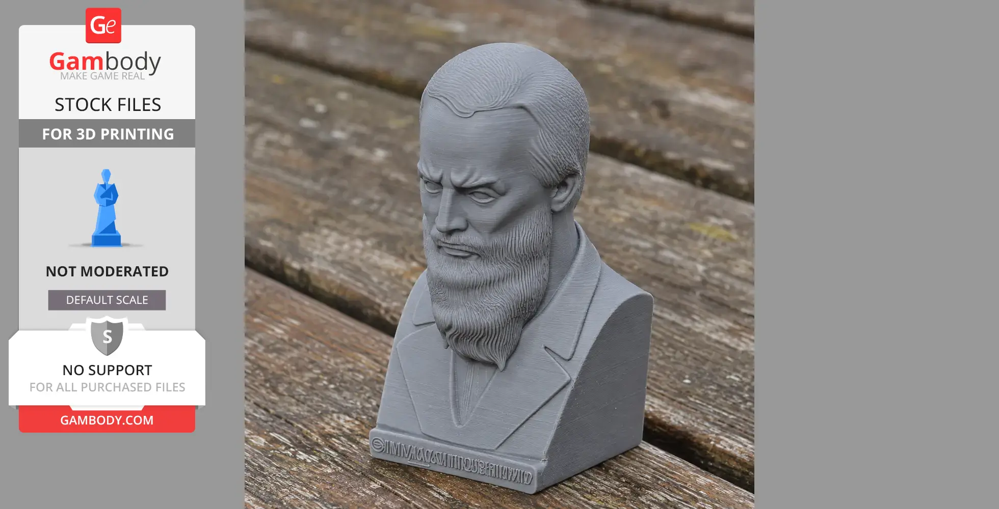 3D-printed bust of a bearded man in a suit on a wooden surface.