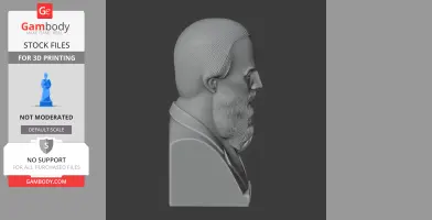 Profile view of a detailed bust of a bearded man for 3D printing, displayed on a dark background.