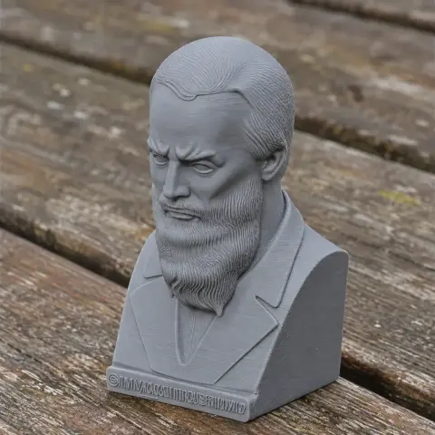 A detailed 3D-printed bust of a bearded man in a suit, set on a wooden surface.