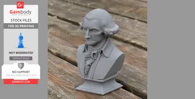 3D printed bust of a historical figure with detailed clothing, set on a wooden surface.