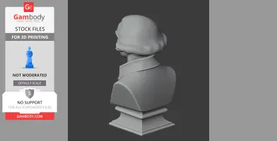 3D printed back view of a historical figure bust with detailed hair and a high-collared outfit on a pedestal.