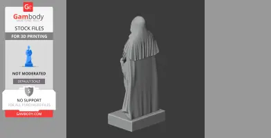 A 3D model of a robed figure with a hood, standing on a square base, viewed from behind.