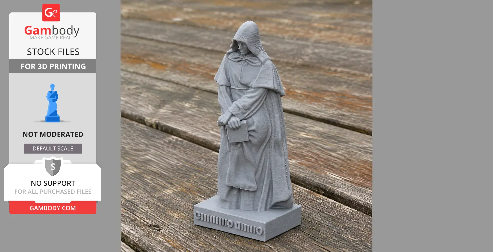 3D printed bust of a cloaked figure holding a book, standing on a wooden surface.
