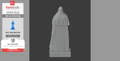 3D model of a cloaked figure with a hood, viewed from the back, standing on a rectangular base.