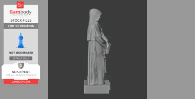 Bust of a hooded figure holding a book, detailed robe, side profile view on a pedestal for 3D printing.