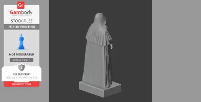 3D model of a cloaked figure on a rectangular base, viewed from the back, with detailed drapery.