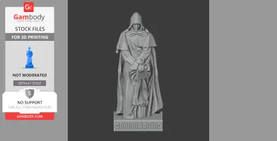 A hooded statue of Giordano Bruno holding a book, dressed in a cloak.