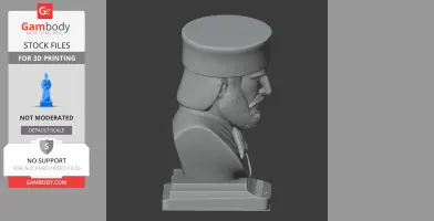 3D model of a bust depicting a bearded man wearing a hat, side profile view.