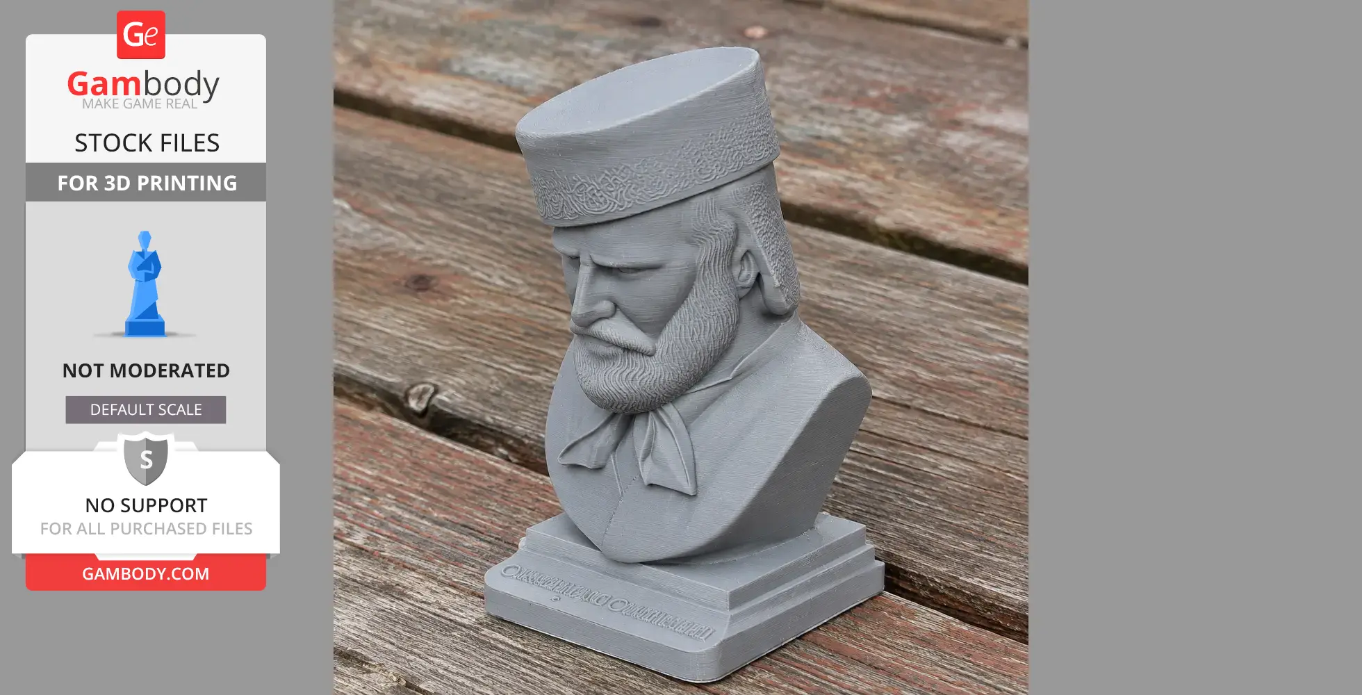 A gray 3D-printed bust of a bearded man with a hat, displayed on a wooden surface.