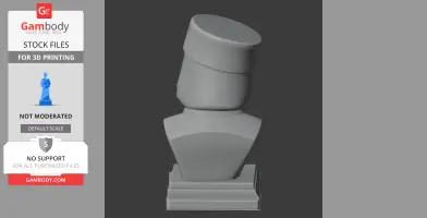 A tilted, simplified bust model wearing a textured cap on a pedestal for 3D printing.