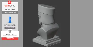3D model of a bust featuring a historical figure wearing a hat, viewed from the side on a pedestal.
