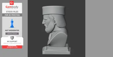 3D printable bust of a bearded man wearing a textured hat, viewed in profile on a platform.