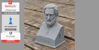 3D-printed bust of a bearded historical warrior labeled 'Gorgias' on a wooden surface.