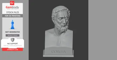 3D bust of a historical warrior with curly hair and beard on a rectangular base labeled 'Gorgias.'
