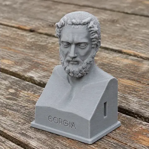 A detailed 3D printed bust of a historical warrior with a beard, labeled 'Gorgias' on the base.