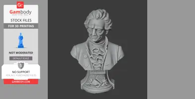 3D bust of a distinguished man in period attire, with a detailed base featuring books and laurels.
