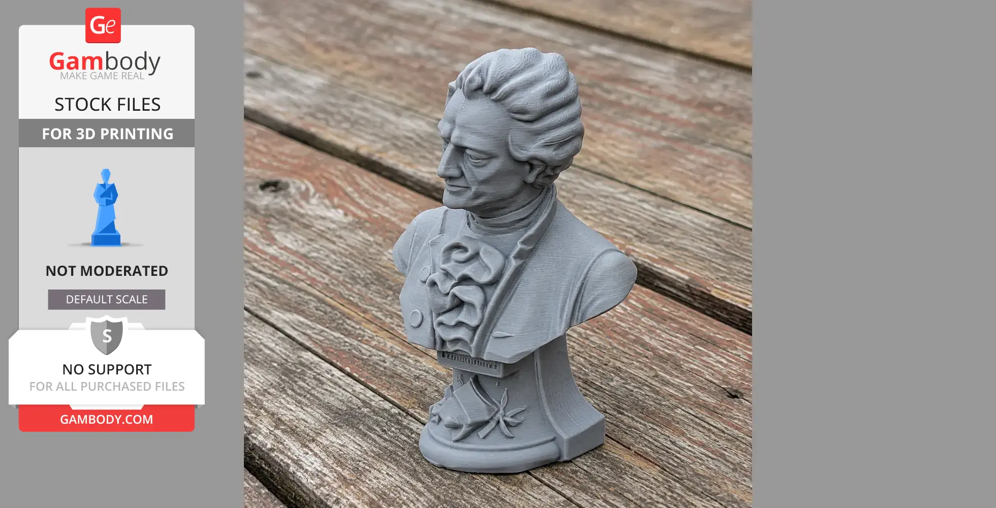 A 3D-printed bust of Johann Wolfgang von Goethe with detailed clothing on a wooden surface.