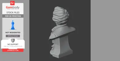 Gray bust of a figure with curly hair and period clothing, viewed from the back, on a display base.