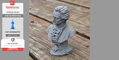 A 3D-printed bust of Johann Wolfgang von Goethe with detailed clothing on a wooden surface.