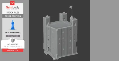 A detailed 3D model of a medieval-style castle tower with battlements and a flagpole for printing.