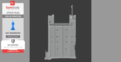 A detailed 3D model of a castle with towers, arched windows, and a flag on top, designed for printing.