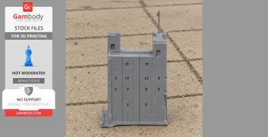 Gray 3D-printed model of a medieval castle tower, featuring small windows and two turrets.