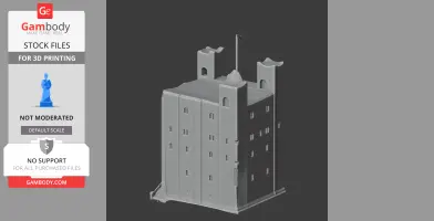Gray 3D model of a tall, rectangular castle with towers, small windows, and a staircase on the side.
