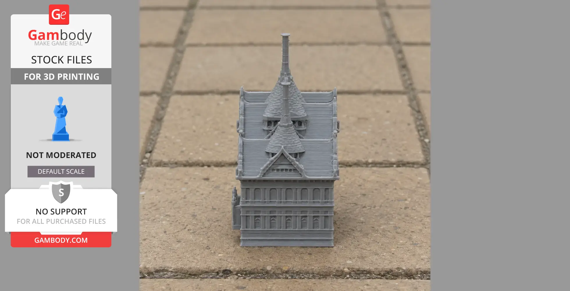 A detailed 3D-printed miniature model of a palace with ornate roofs and intricate architectural features.