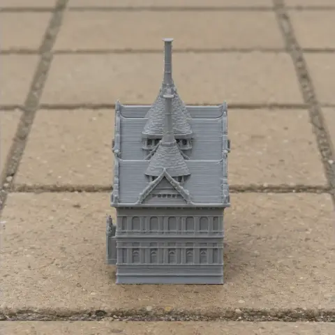 Gray 3D printed model of a traditional Thai-style palace with intricate roofs and detailed architecture.
