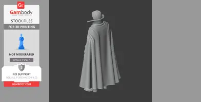 A 3D model of a cloaked character with a wide-brimmed hat, designed for 3D printing.