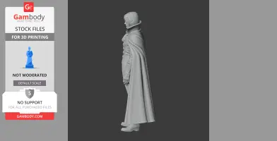 A 3D model of a character in a long coat and boots, standing in side profile view.
