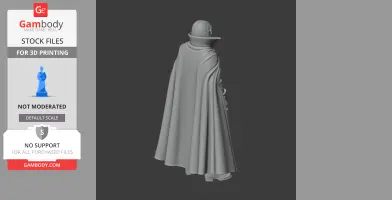 Cloaked figure with high collar, boots, and flowing cape, viewed from the back, in 3D printable STL format.