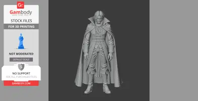 A detailed 3D model of a vampire-like character with a cloak and formal attire, designed for 3D printing.