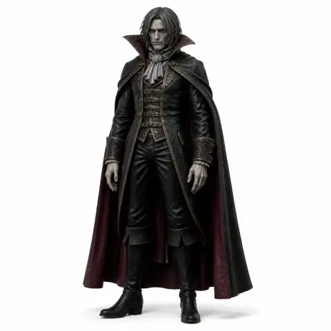 A vampire character figure in detailed Victorian attire with a long cape, suitable for 3D printing.
