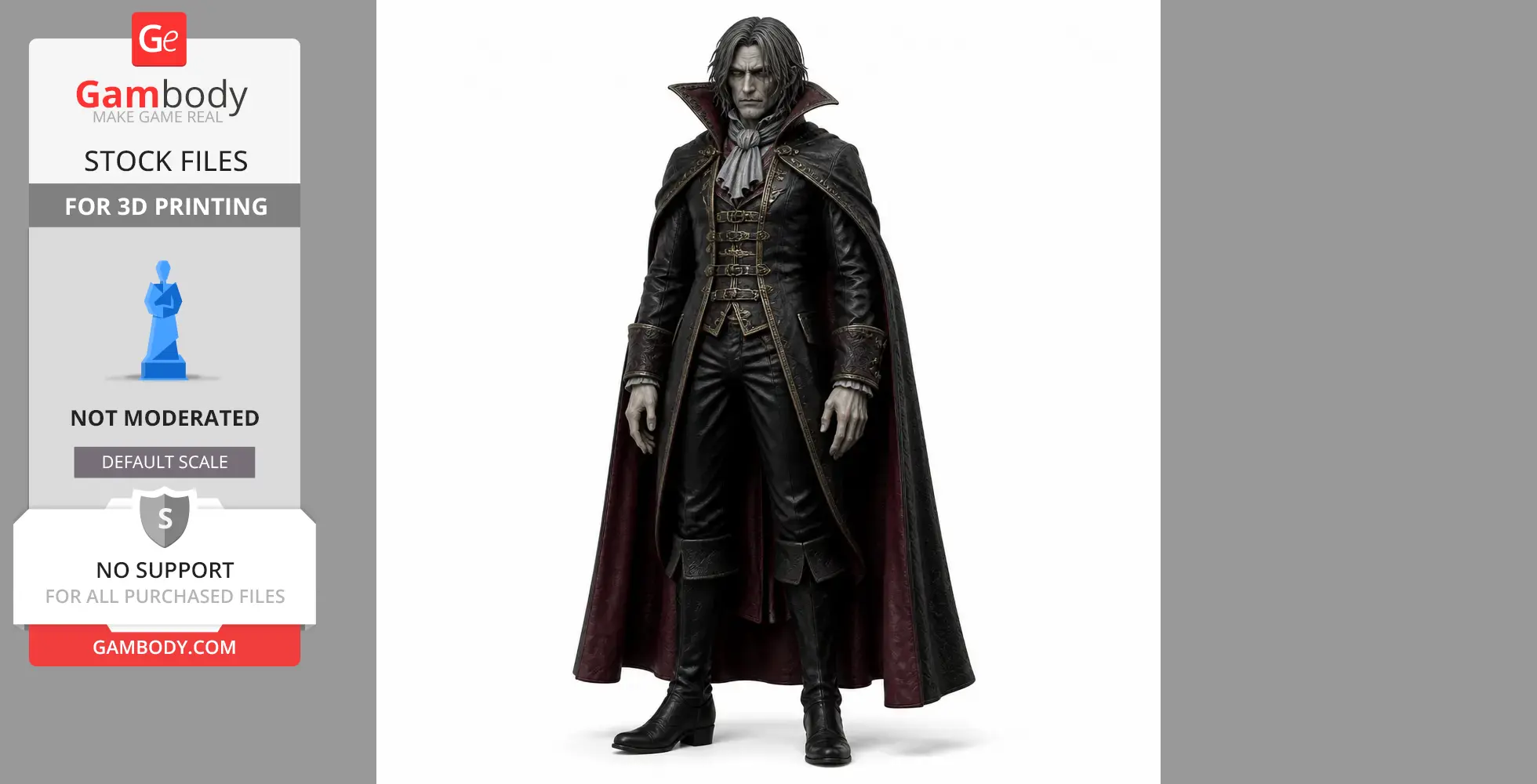 Vampire character in detailed Victorian attire, with a long cape and stern expression.