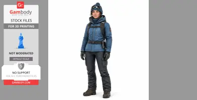 A 3D model of a mountain guide in winter gear: blue jacket, goggles, backpack, and boots.