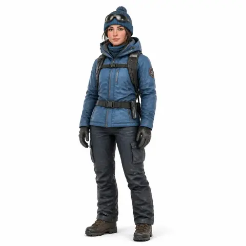A mountain guide in winter gear with a hat, goggles, backpack, and gloves, ready for outdoor adventure.