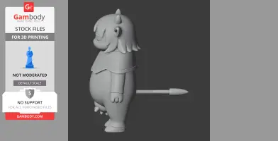 3D model of a cartoonish creature with a horn, tail, and hair, viewed from the side, ready for printing.