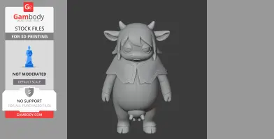 A cartoon-style figurine resembling a humanoid cow with a cape, featuring horns and floppy ears.