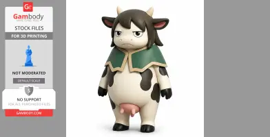 A cartoonish cow character figurine with horns, a green cape, and black spots, in a 3D printable model.