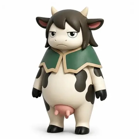 A chibi-style cow character with a cape, standing upright and looking grumpy.