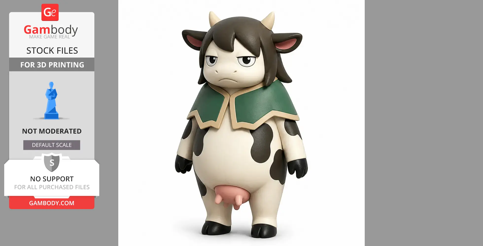 A cartoonish cow character figurine with horns, a green cape, and black spots, in a 3D printable model.