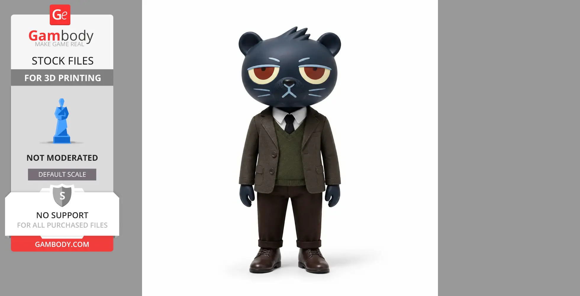 Anthropomorphic cat character in a suit, designed for 3D printing from Night in the Woods.
