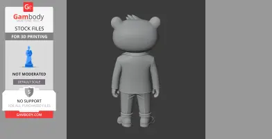 3D model of a character from behind, with bear-like ears, wearing a jacket and boots, ready for printing.