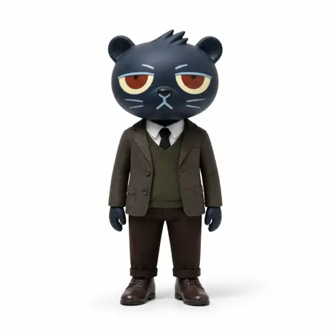Anthropomorphic cat figurine in a suit and tie, with an expressionless face.