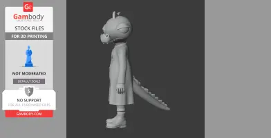 Anthropomorphic reptilian figure with a long tail, wearing a coat, shown in a side view.