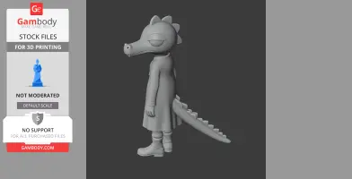 Dinosaur-like character in a coat and boots, standing sideways with a long tail.